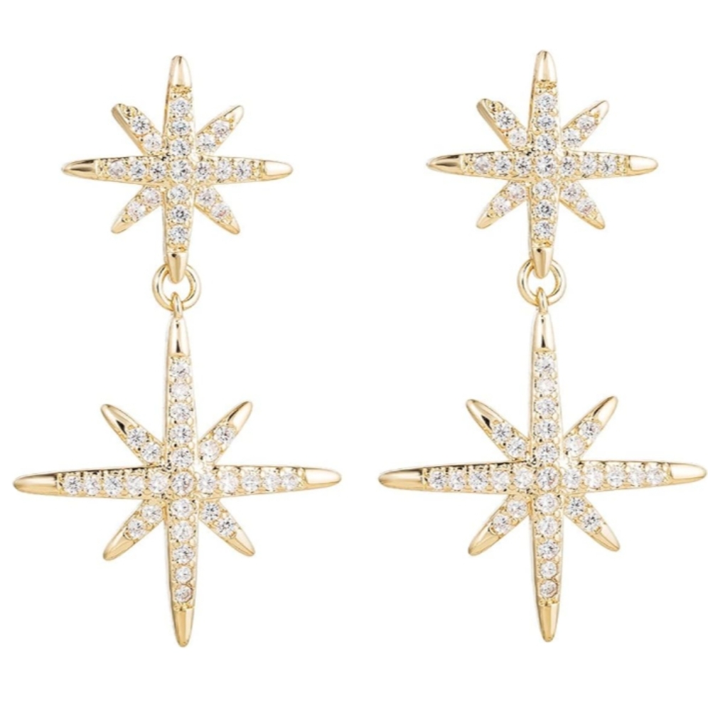 Gold Starburst Earrings Double Star Rhinestone Pave Crystal CZ Dangle Stars New